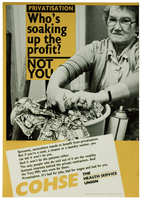 POSTER-SUBJ-TU-0019.jpg; POSTER/SUBJ/TU/0019; Poster - Confederation of Health Service Employees: Privatisation - who's soaking up the profit?;